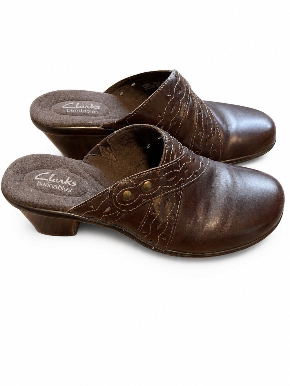 Clarks Bendables Brown Leather Mule Clogs Womens Slip On Comfort Heels 7.5